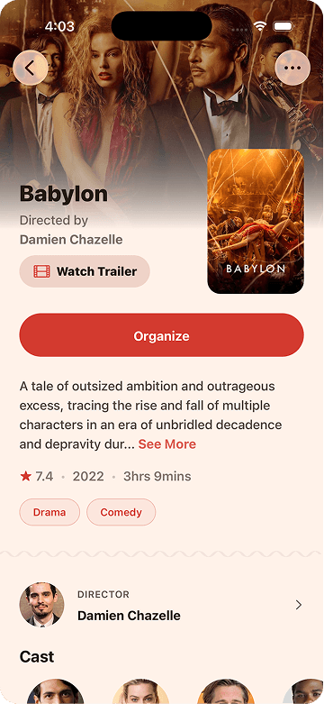 Detailed view of Babylon with runtime, genres, cast